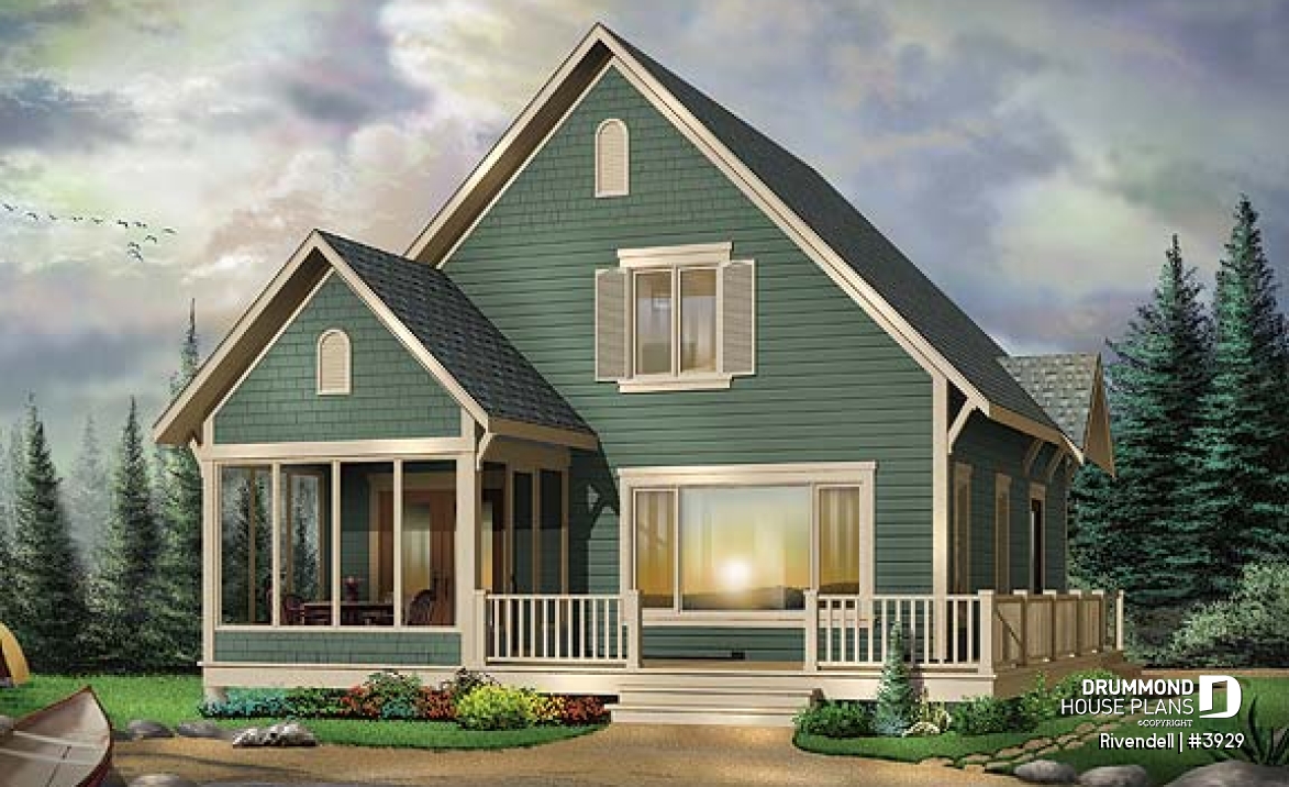 front - BASE MODEL - Small and affordable ski chalet or cabin house plan, 3 bedrooms, open floor plan, screened porch, mud room - Rivendell