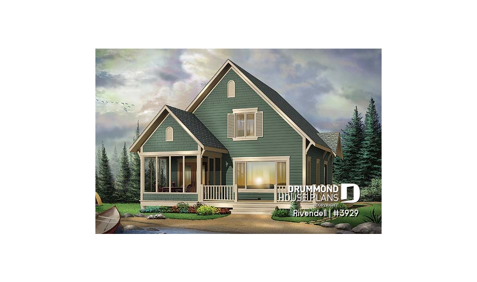 front - BASE MODEL - Small and affordable ski chalet or cabin house plan, 3 bedrooms, open floor plan, screened porch, mud room - Rivendell