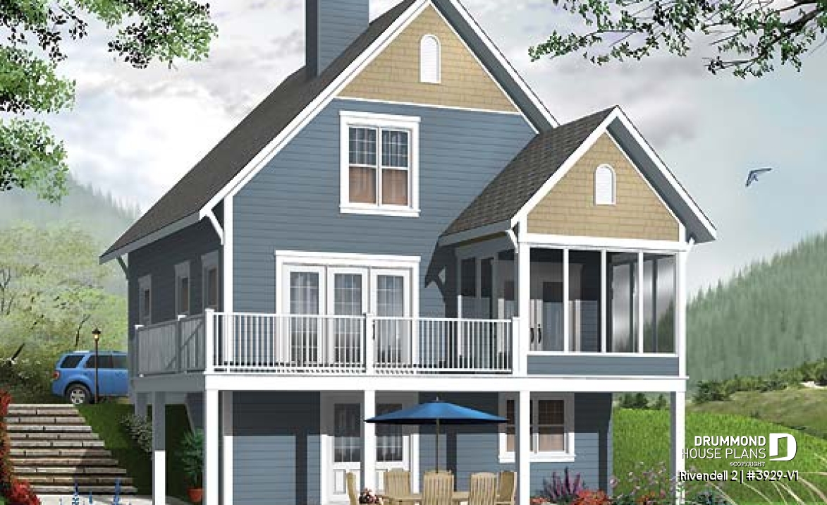 Rear view - BASE MODEL - Screened porch cottage house plan, walkout basement open floor plan, fireplace, sloped ceiling, master suite - Rivendell 2
