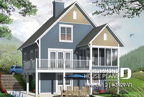 Rear view - BASE MODEL - Screened porch cottage house plan, walkout basement open floor plan, fireplace, sloped ceiling, master suite - Rivendell 2