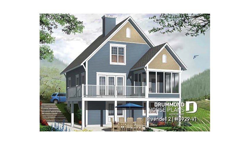 Rear view - BASE MODEL - Screened porch cottage house plan, walkout basement open floor plan, fireplace, sloped ceiling, master suite - Rivendell 2