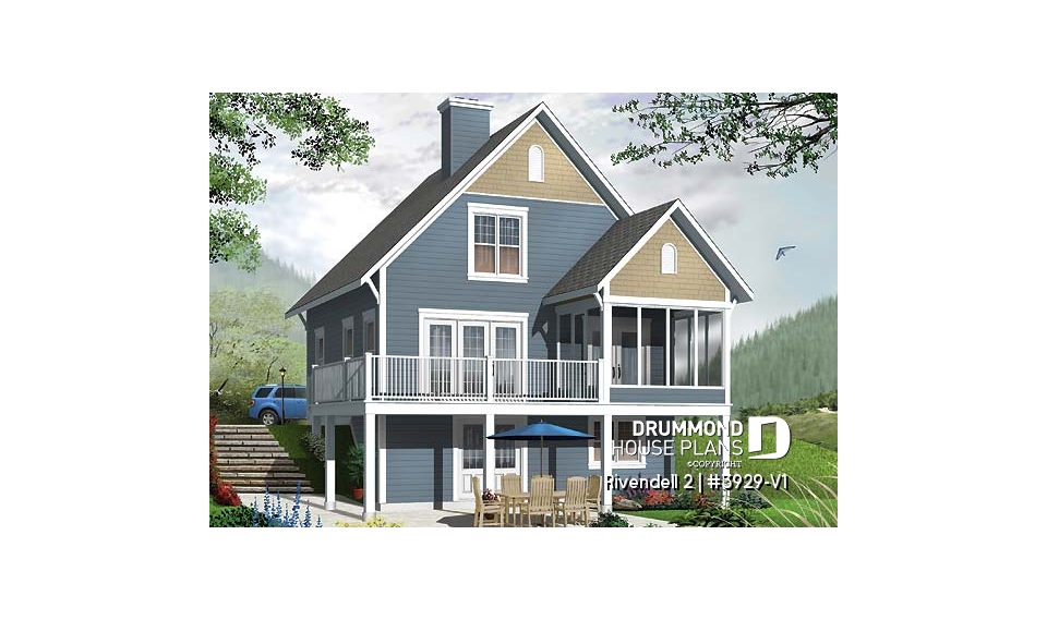 Rear view - BASE MODEL - Screened porch cottage house plan, walkout basement open floor plan, fireplace, sloped ceiling, master suite - Rivendell 2
