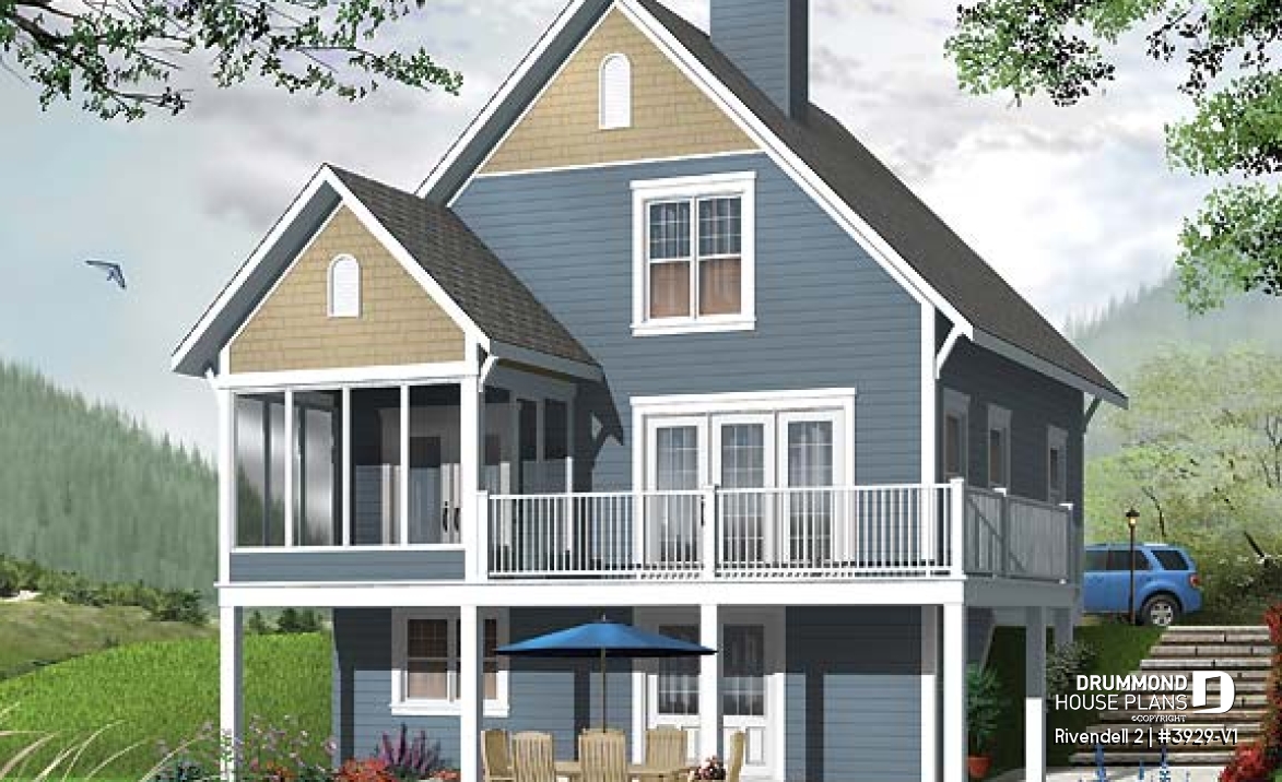 Rear view - BASE MODEL - Screened porch cottage house plan, walkout basement open floor plan, fireplace, sloped ceiling, master suite - Rivendell 2