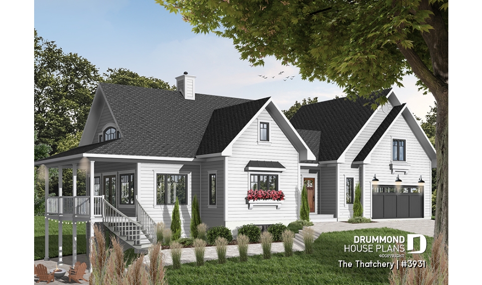 front - BASE MODEL - 3 bedroom cottage plan, 3.5 baths, fantastic guest suite above 2-car garage,  - The Thatchery