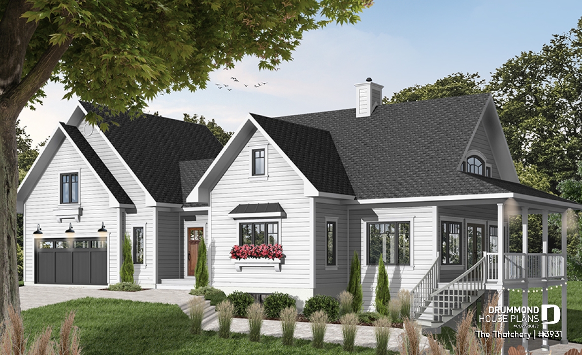 front - BASE MODEL - 3 bedroom cottage plan, 3.5 baths, fantastic guest suite above 2-car garage,  - The Thatchery