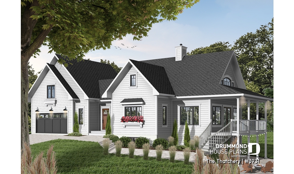 front - BASE MODEL - 3 bedroom cottage plan, 3.5 baths, fantastic guest suite above 2-car garage,  - The Thatchery