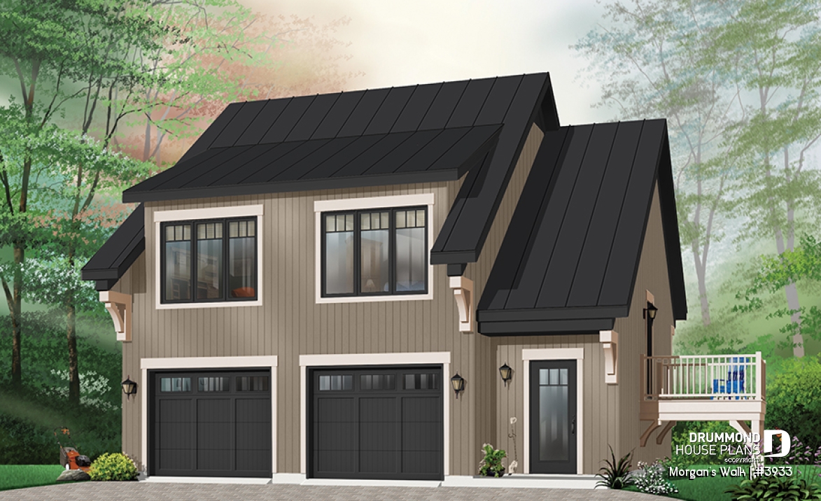 Color version 5 - Front - Large two-car garage apartment house plan with 2 bedrooms, open floor plan and balcony, laundry room - Morgan's Walk