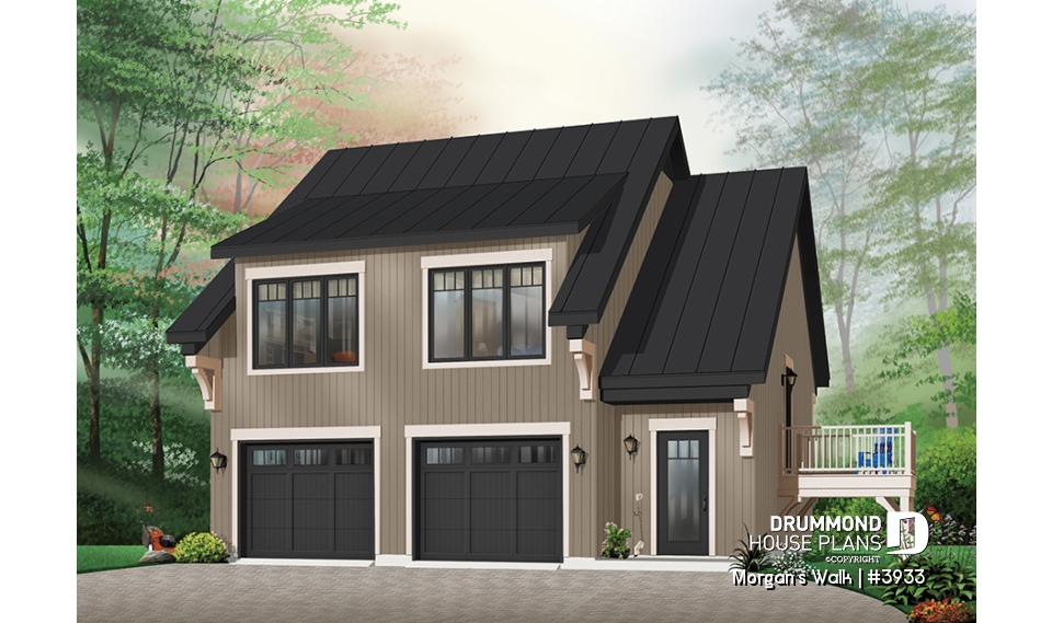 Color version 5 - Front - Large two-car garage apartment house plan with 2 bedrooms, open floor plan and balcony, laundry room - Morgan's Walk
