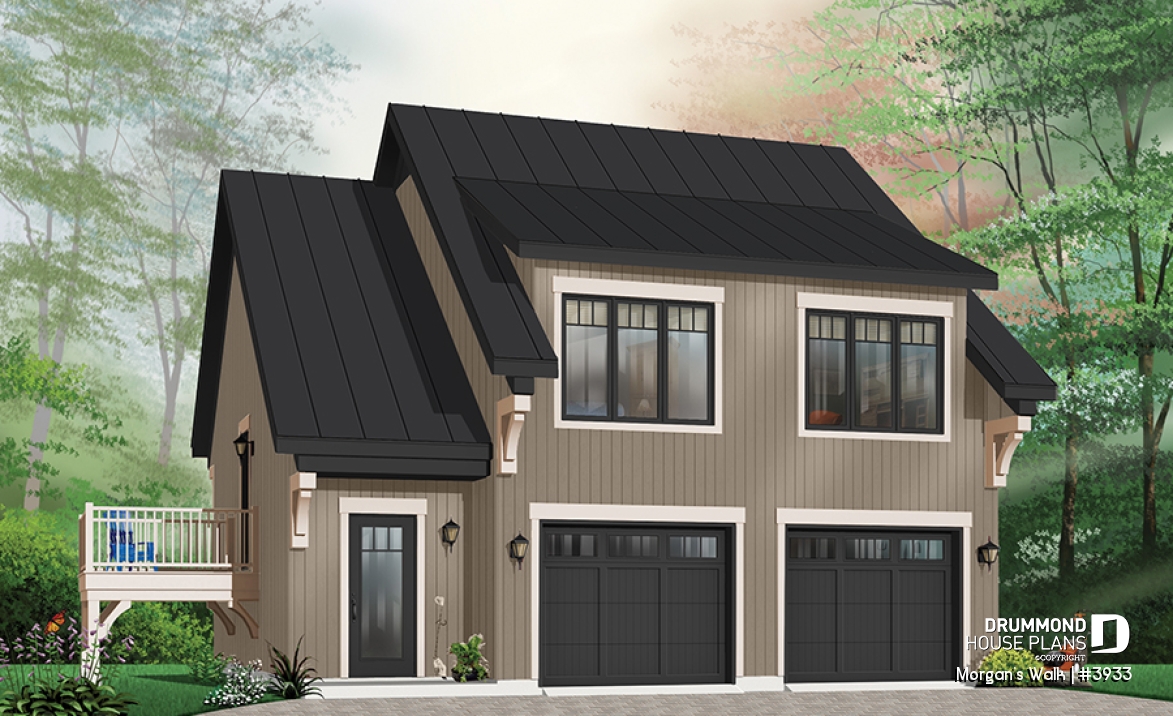 Color version 5 - Front - Large two-car garage apartment house plan with 2 bedrooms, open floor plan and balcony, laundry room - Morgan's Walk