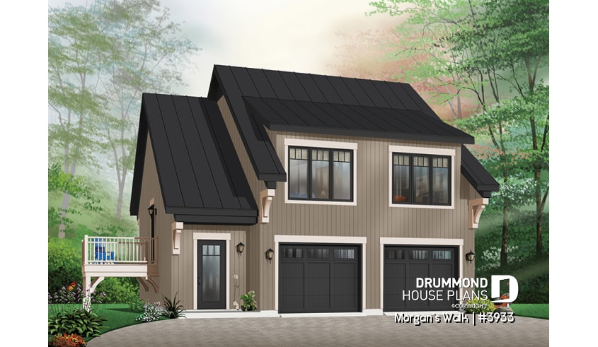 Color version 5 - Front - Large two-car garage apartment house plan with 2 bedrooms, open floor plan and balcony, laundry room - Morgan's Walk