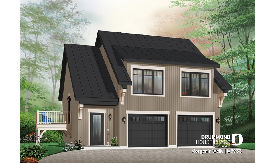Color version 5 - Front - Large two-car garage apartment house plan with 2 bedrooms, open floor plan and balcony, laundry room - Morgan's Walk