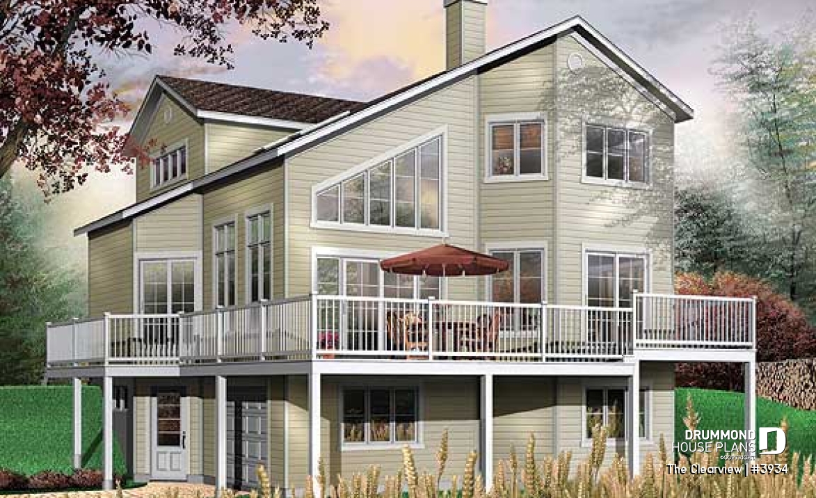 Rear view - BASE MODEL - Beach house plan with large deck, cape hatteras style, mezzanine,  open floor plan, garage, fireplace - The Clearview
