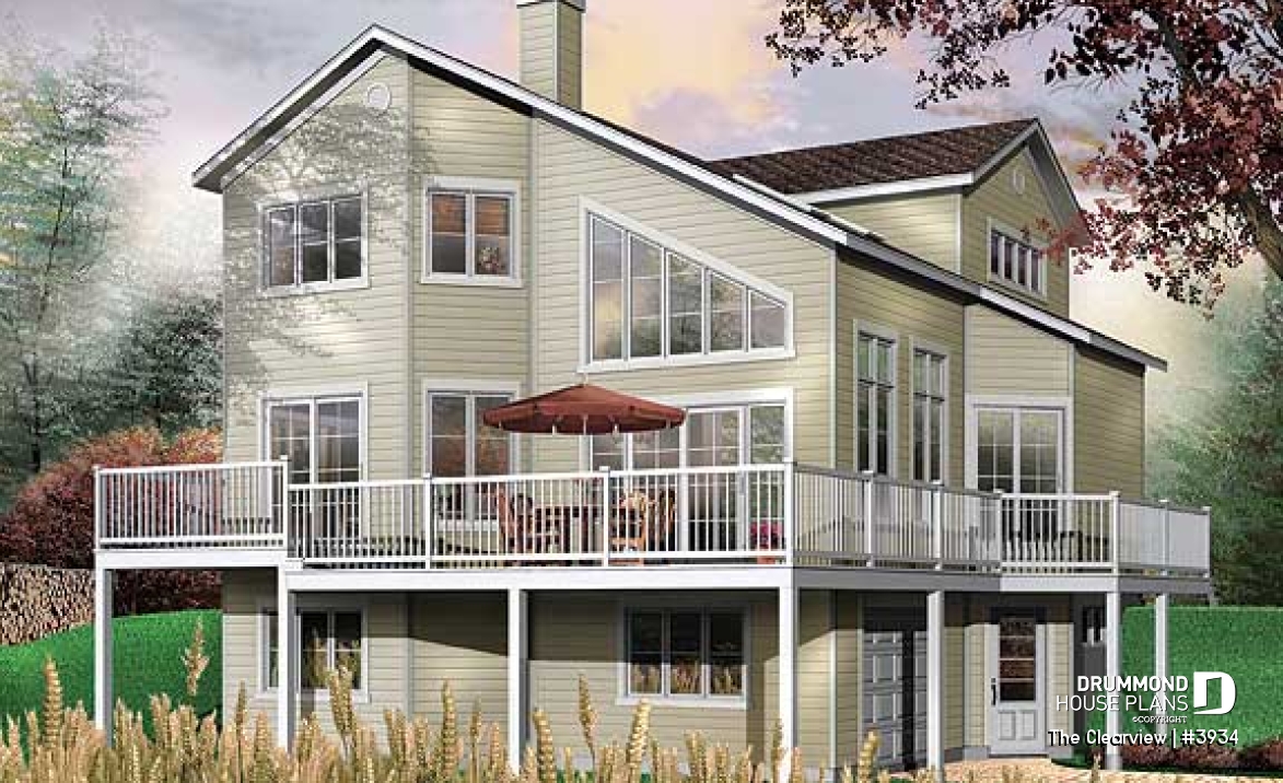 Rear view - BASE MODEL - Beach house plan with large deck, cape hatteras style, mezzanine,  open floor plan, garage, fireplace - The Clearview