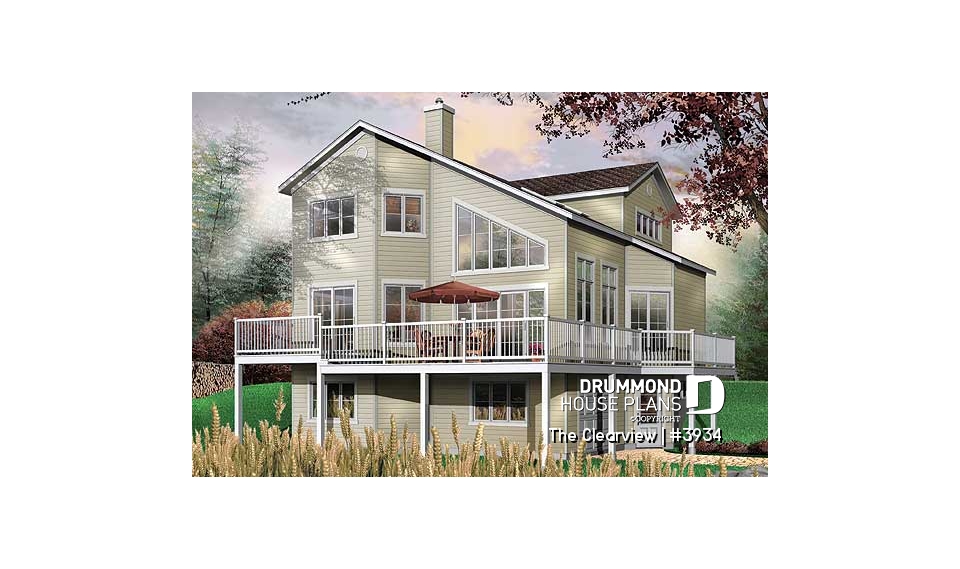 Rear view - BASE MODEL - Beach house plan with large deck, cape hatteras style, mezzanine,  open floor plan, garage, fireplace - The Clearview