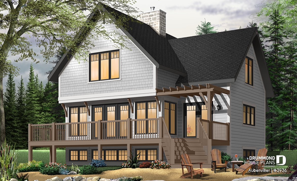 Color version 2 - Rear - Great 3 bedroom transitional style cottage with open layout concept and fireplace, large deck - Aubervillier