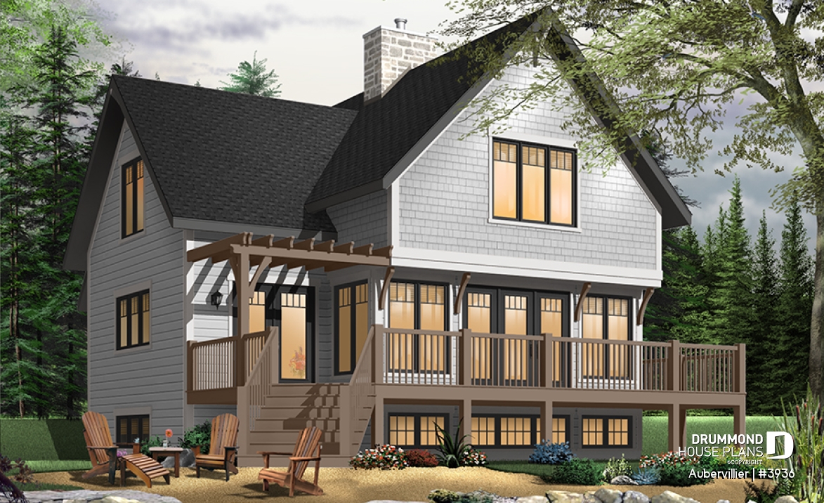 Color version 2 - Rear - Great 3 bedroom transitional style cottage with open layout concept and fireplace, large deck - Aubervillier