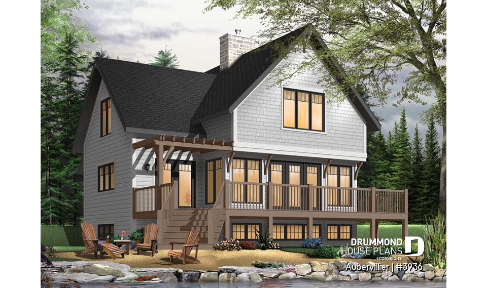 Color version 2 - Rear - Great 3 bedroom transitional style cottage with open layout concept and fireplace, large deck - Aubervillier