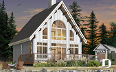 Color version 2 - Rear - A-Frame wood cabin house plan with 3 beds, 2 baths, mezzanine and open floor plan layout - The Skylark