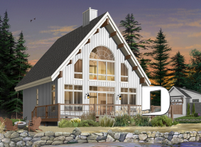 Color version 2 - Rear - A-Frame wood cabin house plan with 3 beds, 2 baths, mezzanine and open floor plan layout - The Skylark