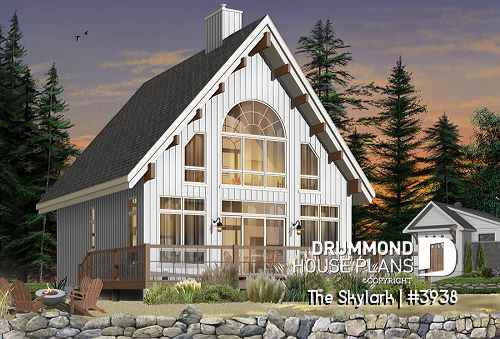 Color version 2 - Rear - A-Frame wood cabin house plan with 3 beds, 2 baths, mezzanine and open floor plan layout - The Skylark