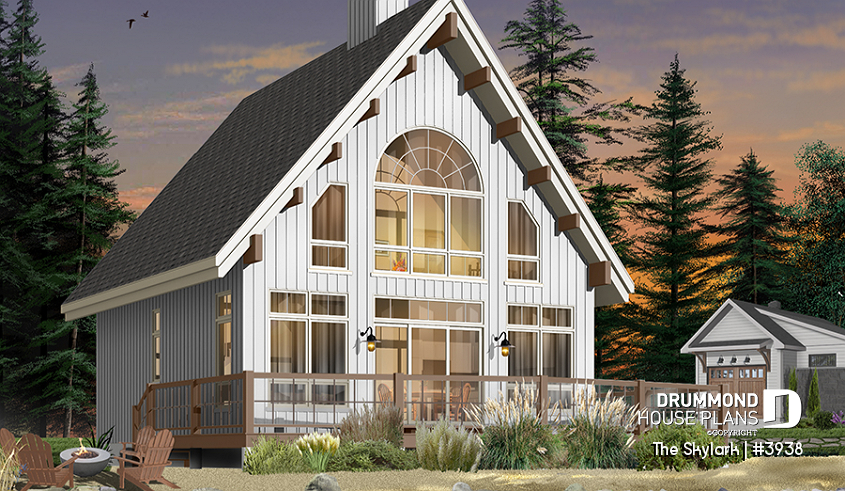 Color version 2 - Rear - A-Frame wood cabin house plan with 3 beds, 2 baths, mezzanine and open floor plan layout - The Skylark