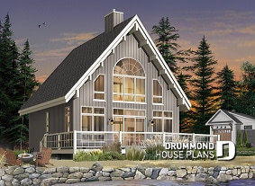 Color version 7 - Rear - A-Frame wood cabin house plan with 3 beds, 2 baths, mezzanine and open floor plan layout - The Skylark