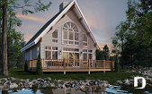 Rear view - BASE MODEL - A-Frame wood cabin house plan with 3 beds, 2 baths, mezzanine and open floor plan layout - The Skylark