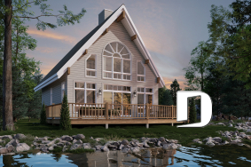 Rear view - BASE MODEL - A-Frame wood cabin house plan with 3 beds, 2 baths, mezzanine and open floor plan layout - The Skylark