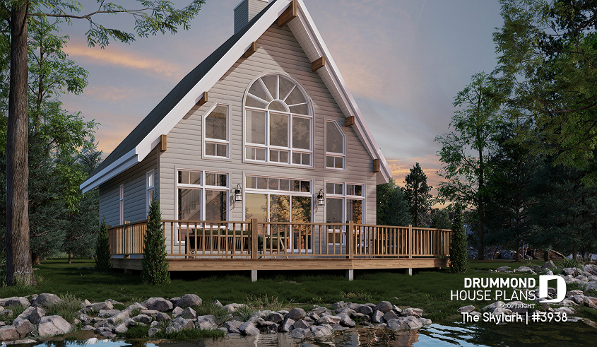 Rear view - BASE MODEL - A-Frame wood cabin house plan with 3 beds, 2 baths, mezzanine and open floor plan layout - The Skylark