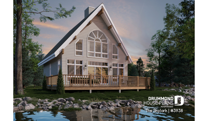 Rear view - BASE MODEL - A-Frame wood cabin house plan with 3 beds, 2 baths, mezzanine and open floor plan layout - The Skylark