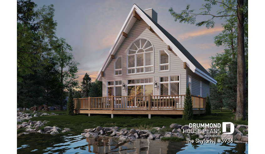 Rear view - BASE MODEL - A-Frame wood cabin house plan with 3 beds, 2 baths, mezzanine and open floor plan layout - The Skylark
