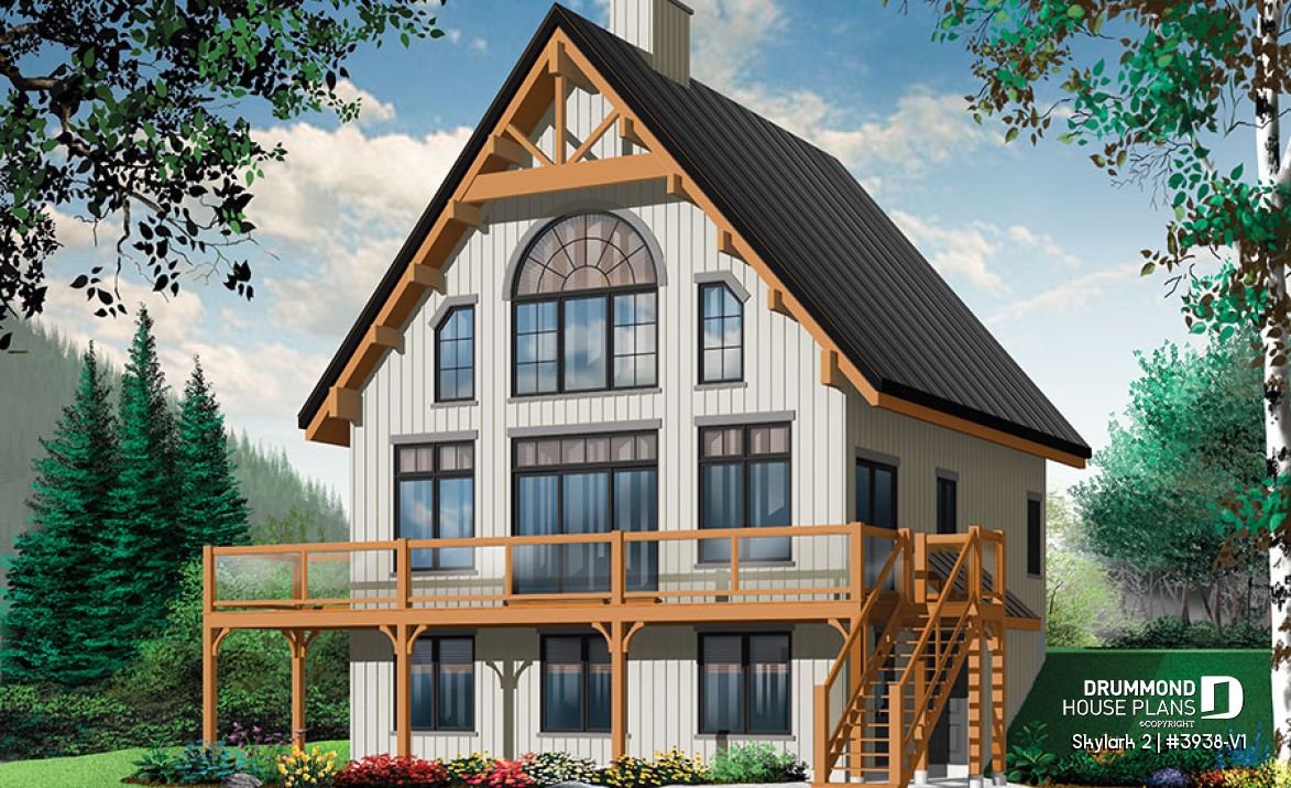 Color version 1 - Front - 3 to 5 bedroom Rustic A-Frame house plan, open living dining, fireplace, mezzanine &amp; large terrace - Skylark 2