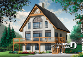 Color version 1 - Front - 3 to 5 bedroom Rustic A-Frame house plan, open living dining, fireplace, mezzanine & large terrace - Skylark 2