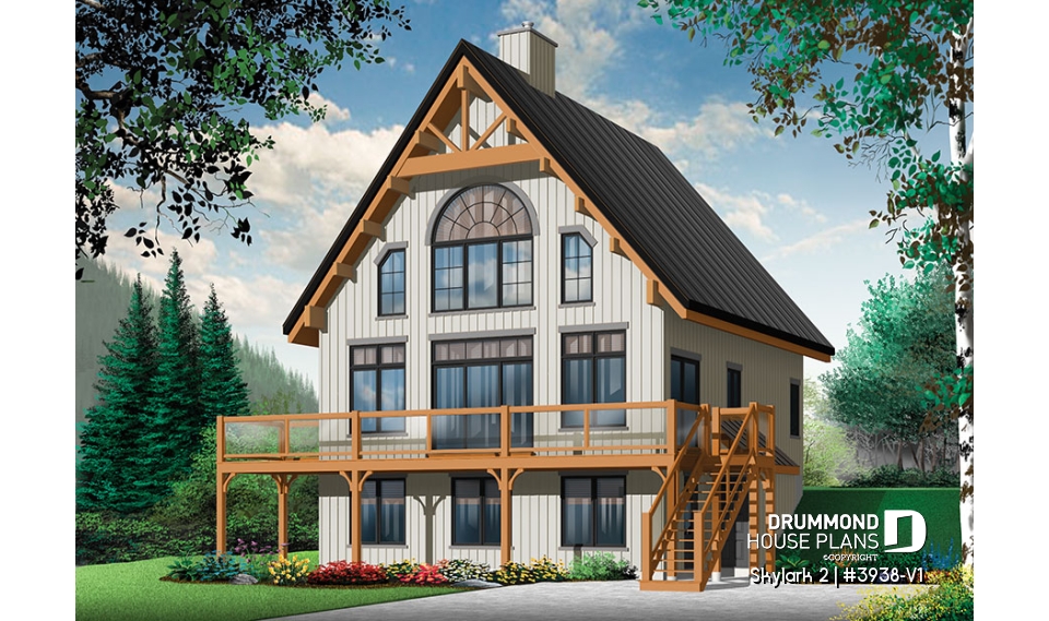 Color version 1 - Front - 3 to 5 bedroom Rustic A-Frame house plan, open living dining, fireplace, mezzanine &amp; large terrace - Skylark 2