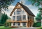 Color version 1 - Front - 3 to 5 bedroom Rustic A-Frame house plan, open living dining, fireplace, mezzanine & large terrace - Skylark 2