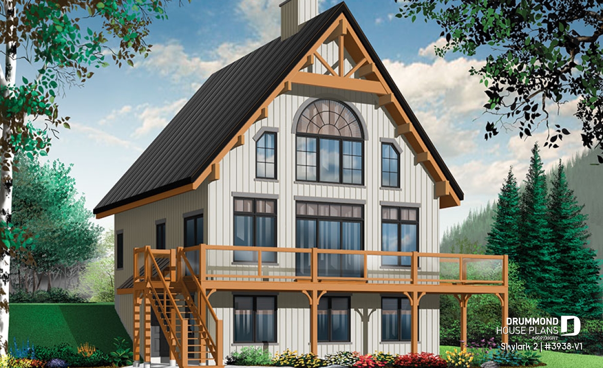 Color version 1 - Front - 3 to 5 bedroom Rustic A-Frame house plan, open living dining, fireplace, mezzanine &amp; large terrace - Skylark 2