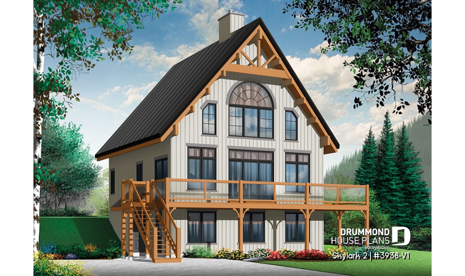Color version 1 - Front - 3 to 5 bedroom Rustic A-Frame house plan, open living dining, fireplace, mezzanine &amp; large terrace - Skylark 2