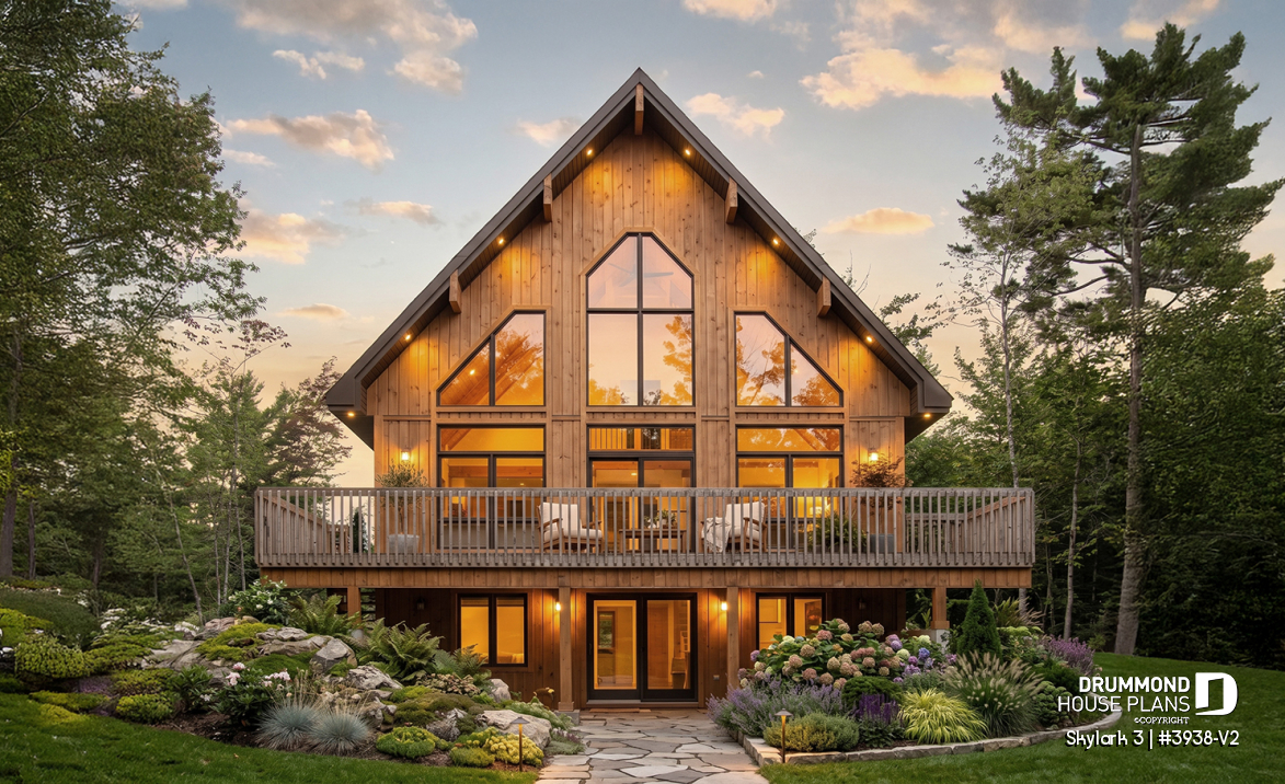 Rear view - BASE MODEL - Three bedroom, two bathroom rustic chalet house plan, cathedral ceiling, mezzanine, open floor plan concept - Skylark 3