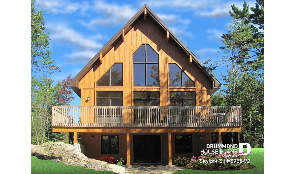 Rear view - BASE MODEL - Three bedroom, two bathroom rustic chalet house plan, cathedral ceiling, mezzanine, open floor plan concept - Skylark 3