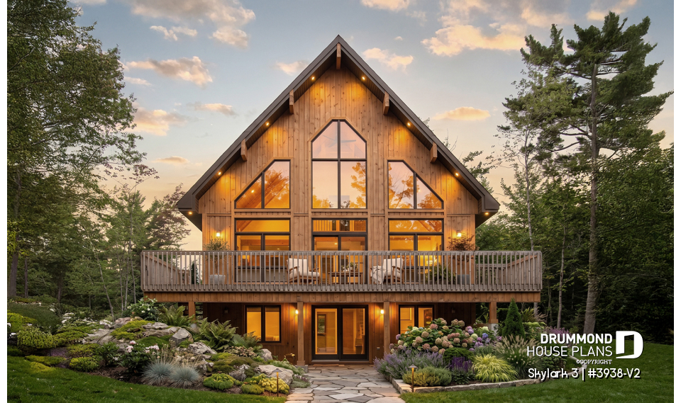 Rear view - BASE MODEL - Three bedroom, two bathroom rustic chalet house plan, cathedral ceiling, mezzanine, open floor plan concept - Skylark 3