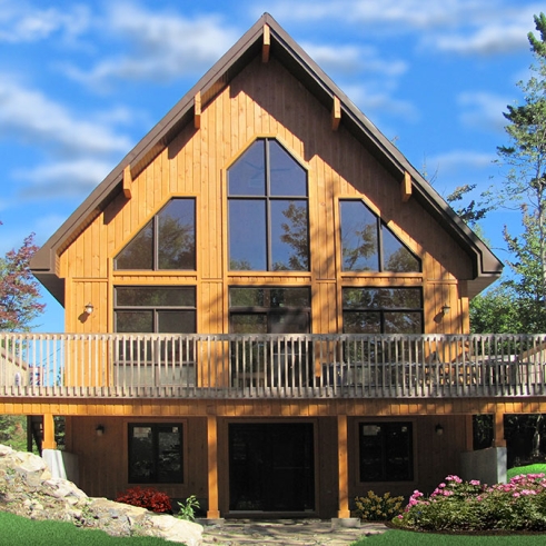 Rear view - BASE MODEL - Three bedroom, two bathroom rustic chalet house plan, cathedral ceiling, mezzanine, open floor plan concept - Skylark 3