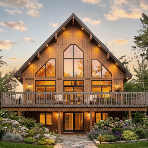 Rear view - BASE MODEL - Three bedroom, two bathroom rustic chalet house plan, cathedral ceiling, mezzanine, open floor plan concept - Skylark 3