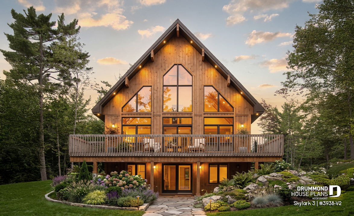 Rear view - BASE MODEL - Three bedroom, two bathroom rustic chalet house plan, cathedral ceiling, mezzanine, open floor plan concept - Skylark 3