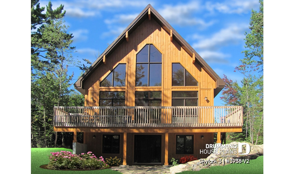 Rear view - BASE MODEL - Three bedroom, two bathroom rustic chalet house plan, cathedral ceiling, mezzanine, open floor plan concept - Skylark 3