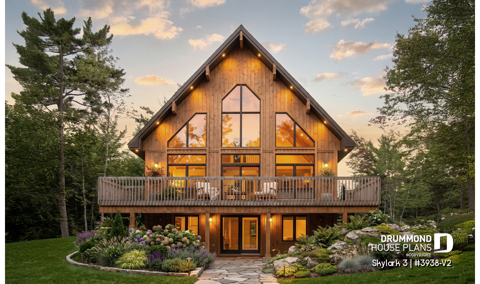 Rear view - BASE MODEL - Three bedroom, two bathroom rustic chalet house plan, cathedral ceiling, mezzanine, open floor plan concept - Skylark 3