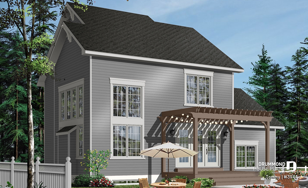 Color version 3 - Rear - 3 bedroom panoramic view transitional home plan with pergola, mezzanine and garage - Tommy