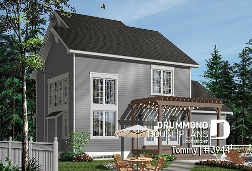 Color version 3 - Rear - 3 bedroom panoramic view transitional home plan with pergola, mezzanine and garage - Tommy