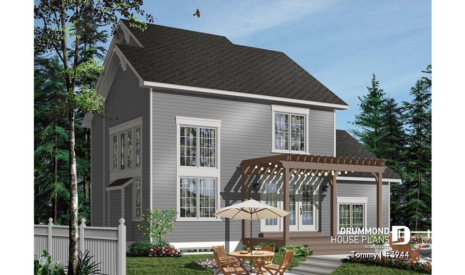 Color version 3 - Rear - 3 bedroom panoramic view transitional home plan with pergola, mezzanine and garage - Tommy