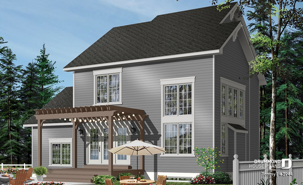 Color version 3 - Rear - 3 bedroom panoramic view transitional home plan with pergola, mezzanine and garage - Tommy