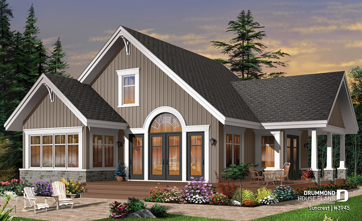 Rear view - BASE MODEL - Open floor plan lakefront Country Cottage, master bedroom on main, double sided fireplace &amp; covered terrace - Suncrest